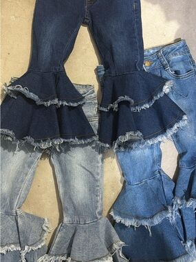 Womens Dark Blue Ruffle Flare Jeans